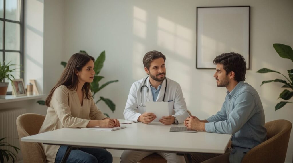 Médico orientando família sobre pânico