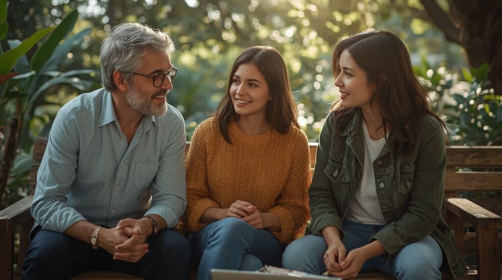 Psiquiatra orientando família durante atendimento humanizado