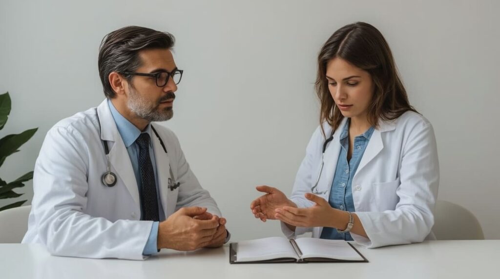 Psiquiatra orientando paciente sobre uso de medicação